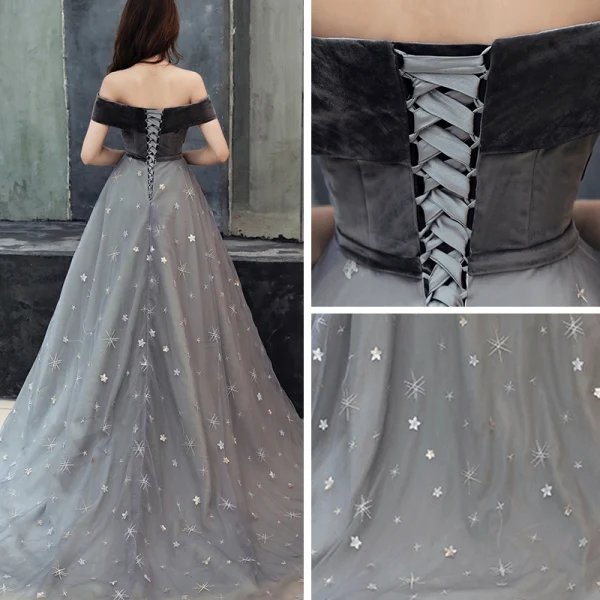 Schöne Grau Wildleder Abendkleider 2019 A Linie Off Shoulder Kurze Ärmel Pailletten Star Schleife Stoffgürtel Hof-Schleppe Rüschen Rückenfreies Festliche Kleider