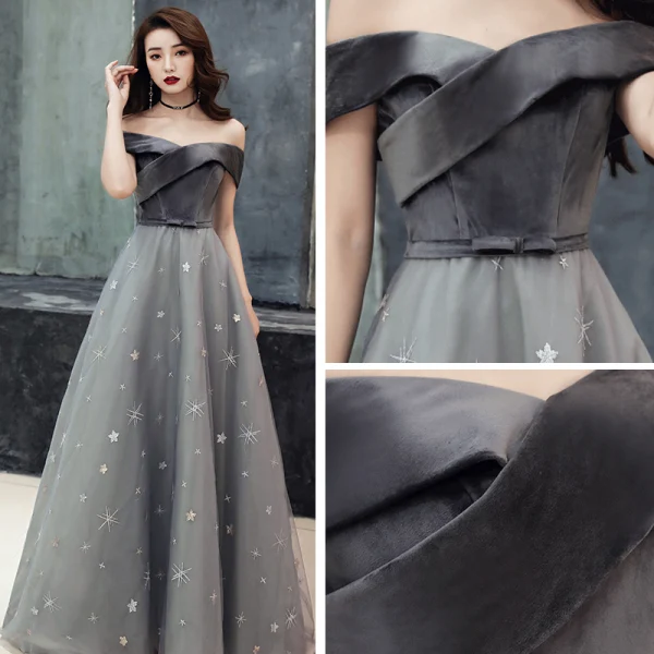 Schöne Grau Wildleder Abendkleider 2019 A Linie Off Shoulder Kurze Ärmel Pailletten Star Schleife Stoffgürtel Hof-Schleppe Rüschen Rückenfreies Festliche Kleider