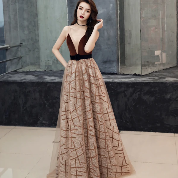 Sexy Brown Suede Evening Dresses 2019 A-Line / Princess See-through Deep V-Neck Sleeveless Striped Tulle Sash Court Train Ruffle Backless Formal Sexy Brown Suede Evening Dresses 2019 A-Line / Princess See-through Deep V-Neck Sleeveless Striped Tulle Sash Court Train Ruffle Backless Formal