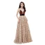 Sexy Marron Daim Robe De Soirée 2019 Princesse Transparentes Col v profond Sans Manches Rayé Tulle Ceinture Tribunal Train Volants Dos Nu Robe De Ceremonie
