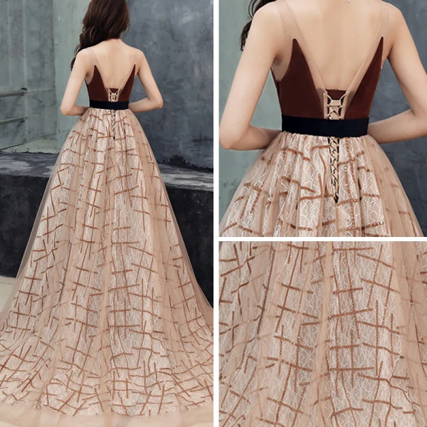 Sexy Marron Daim Robe De Soirée 2019 Princesse Transparentes Col v profond Sans Manches Rayé Tulle Ceinture Tribunal Train Volants Dos Nu Robe De Ceremonie