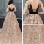 Sexy Marron Daim Robe De Soirée 2019 Princesse Transparentes Col v profond Sans Manches Rayé Tulle Ceinture Tribunal Train Volants Dos Nu Robe De Ceremonie