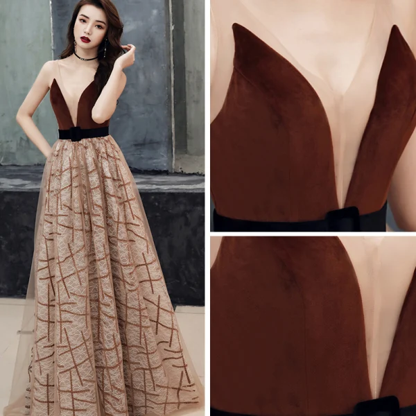 Sexy Marron Daim Robe De Soirée 2019 Princesse Transparentes Col v profond Sans Manches Rayé Tulle Ceinture Tribunal Train Volants Dos Nu Robe De Ceremonie