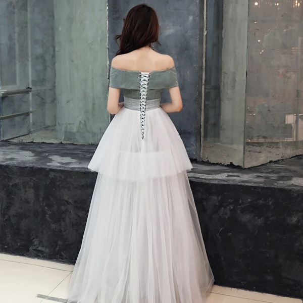 Chic / Belle Ivoire Robe De Soirée 2019 Empire De l'épaule Sans Manches Longue Volants Dos Nu Robe De Ceremonie
