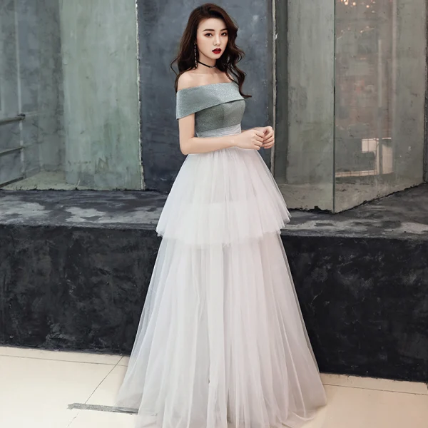 Chic / Belle Ivoire Robe De Soirée 2019 Empire De l'épaule Sans Manches Longue Volants Dos Nu Robe De Ceremonie
