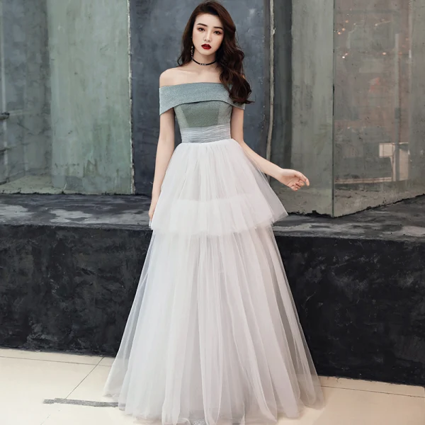 Chic / Belle Ivoire Robe De Soirée 2019 Empire De l'épaule Sans Manches Longue Volants Dos Nu Robe De Ceremonie