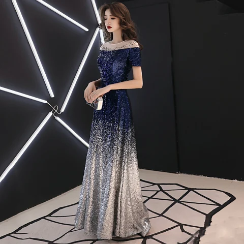 Sparkly Navy Blue Gradient-Color Sequins Evening Dresses  2019 A-Line / Princess See-through Scoop Neck Short Sleeve Rhinestone Floor-Length / Long Backless Formal Dresses