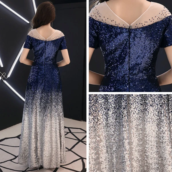 Glitzernden Marineblau Farbverlauf Pailletten Abendkleider 2019 A Linie Durchsichtige Rundhalsausschnitt Kurze Ärmel Strass Lange Rückenfreies Festliche Kleider