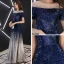 Glitzernden Marineblau Farbverlauf Pailletten Abendkleider 2019 A Linie Durchsichtige Rundhalsausschnitt Kurze Ärmel Strass Lange Rückenfreies Festliche Kleider