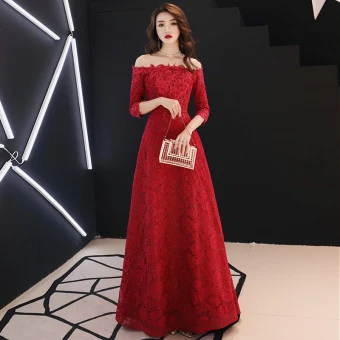 Affordable Burgundy Lace Evening Dresses 2019 A Line Princess Off The Shoulder 3 4 Sleeve Appliques Lace Rhinestone Floor Length Long Backless Formal Dresses