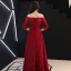 Abordable Bordeaux Dentelle Robe De Soirée 2019 Princesse De l'épaule 3/4 Manches Appliques En Dentelle Faux Diamant Longue Dos Nu Robe De Ceremonie