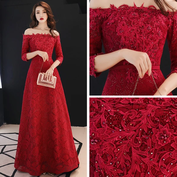 Abordable Bordeaux Dentelle Robe De Soirée 2019 Princesse De l'épaule 3/4 Manches Appliques En Dentelle Faux Diamant Longue Dos Nu Robe De Ceremonie
