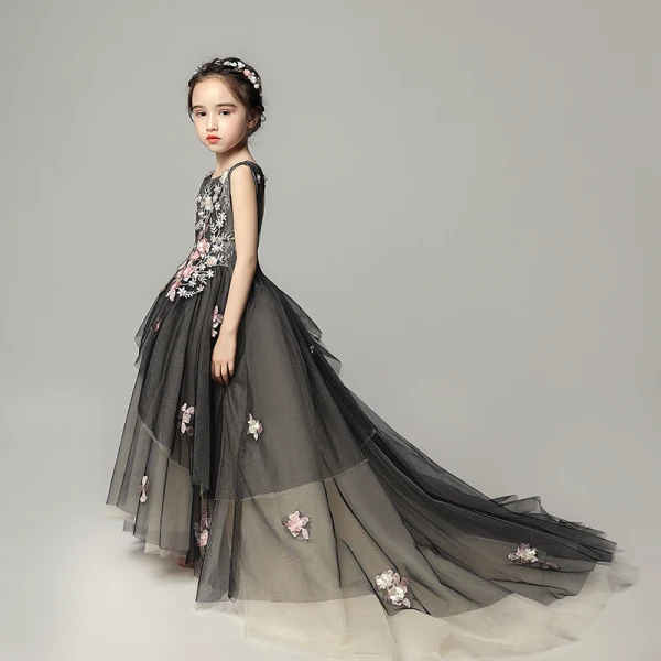 Elegant Black Flower Girl Dresses 2019 A-Line / Princess Scoop Neck Sleeveless Appliques Lace Pearl Court Train Ruffle Backless Wedding Party Dresses