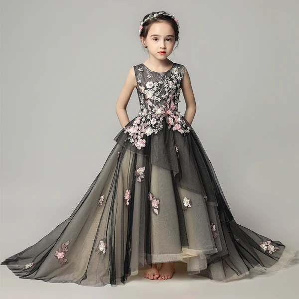 Elegant Black Flower Girl Dresses 2019 A-Line / Princess Scoop Neck Sleeveless Appliques Lace Pearl Court Train Ruffle Backless Wedding Party Dresses
