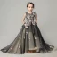 Elegant Black Flower Girl Dresses 2019 A-Line / Princess Scoop Neck Sleeveless Appliques Lace Pearl Court Train Ruffle Backless Wedding Party Dresses