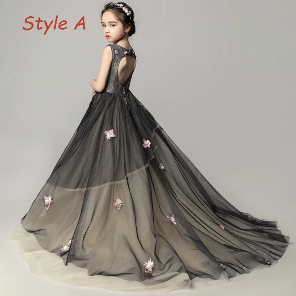 Elegant Black Flower Girl Dresses 2019 A-Line / Princess Scoop Neck Sleeveless Appliques Lace Pearl Court Train Ruffle Backless Wedding Party Dresses