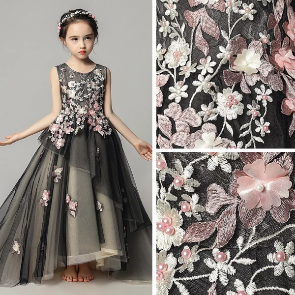 Elegant Black Flower Girl Dresses 2019 A-Line / Princess Scoop Neck Sleeveless Appliques Lace Pearl Court Train Ruffle Backless Wedding Party Dresses