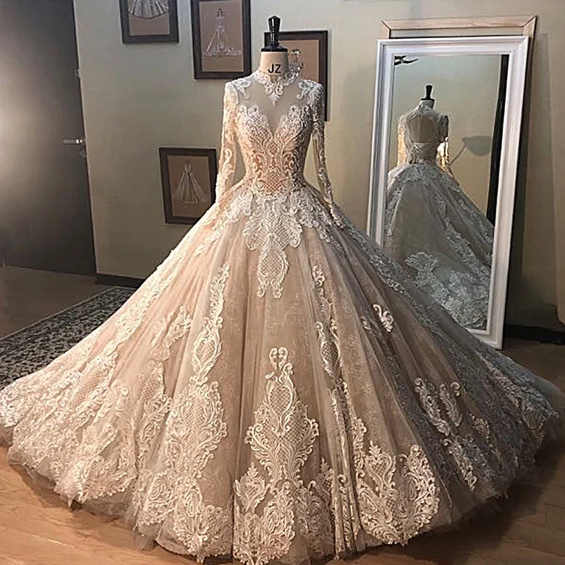 slim fit dress slacks Champagne Gold Ball Gown Wedding Dresses with High Neck 2018 Bridal Gowns with Flowers