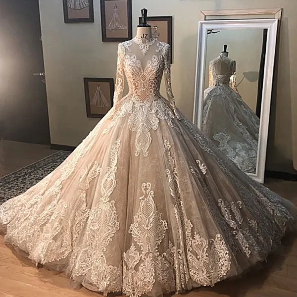 Vintage / Retro Champagne See-through Wedding Dresses 2019 A-Line / Princess High Neck Long Sleeve Backless Appliques Lace Beading Floor-Length / Long Ruffle