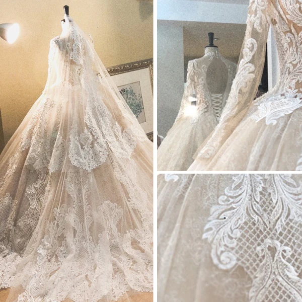 Vintage / Originale Champagne Transparentes Robe De Mariée 2019 Princesse Col Haut Manches Longues Dos Nu Appliques En Dentelle Perlage Longue Volants