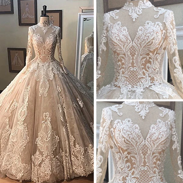 Vintage / Originale Champagne Transparentes Robe De Mariée 2019 Princesse Col Haut Manches Longues Dos Nu Appliques En Dentelle Perlage Longue Volants