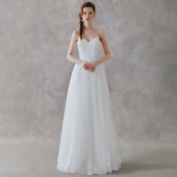 Chic Belle Ivoire Plage Robe De Mariée 2019 Princesse Bretelles Spaghetti Sans Manches Dos Nu Tachetée Tulle Longue Volants