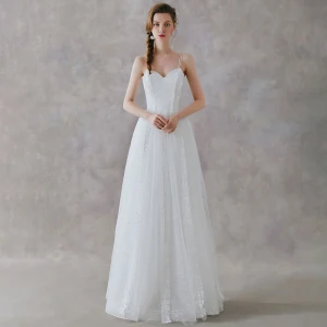 Chic Beautiful Ivory Beach Wedding Dresses 2019 A Line Princess Spaghetti Straps Sleeveless Backless Spotted Tulle Floor Length Long Ruffle