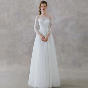 Elegant Ivory Lace Beach See Through Wedding Dresses 2019 A Line Princess Square Neckline 3 4 Sleeve Sash Floor Length Long Ruffle