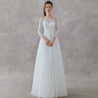 Elegant Ivory Lace Beach See Through Wedding Dresses 2019 A Line Princess Square Neckline 3 4 Sleeve Sash Floor Length Long Ruffle