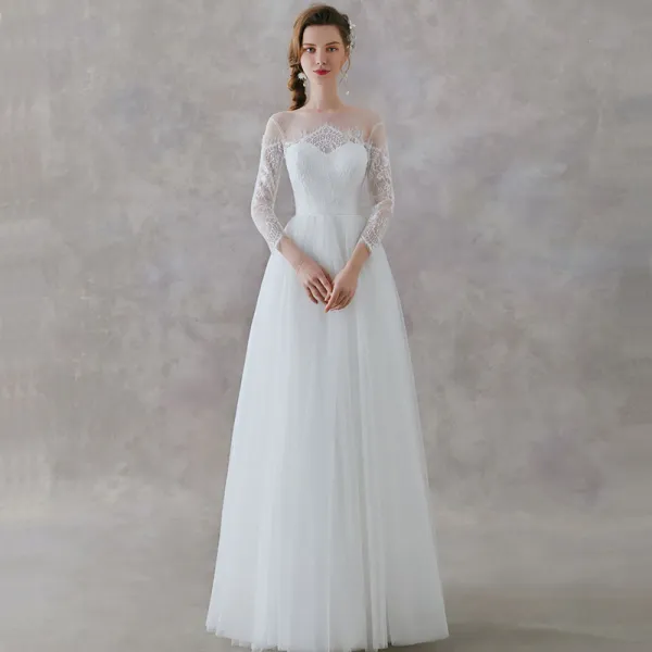 Elegant Ivory Lace Beach See-through Wedding Dresses 2019 A-Line / Princess Square Neckline 3/4 Sleeve Sash Floor-Length / Long Ruffle