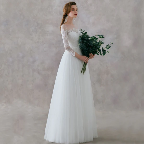 Élégant Ivoire Dentelle Plage Transparentes Robe De Mariée 2019 Princesse Encolure Carrée 3/4 Manches Ceinture Longue Volants