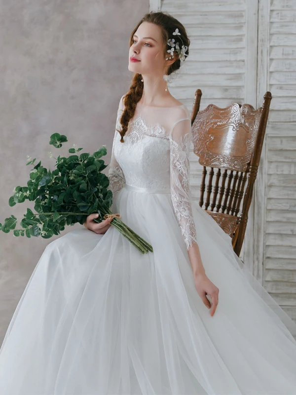 Élégant Ivoire Dentelle Plage Transparentes Robe De Mariée 2019 Princesse Encolure Carrée 3/4 Manches Ceinture Longue Volants