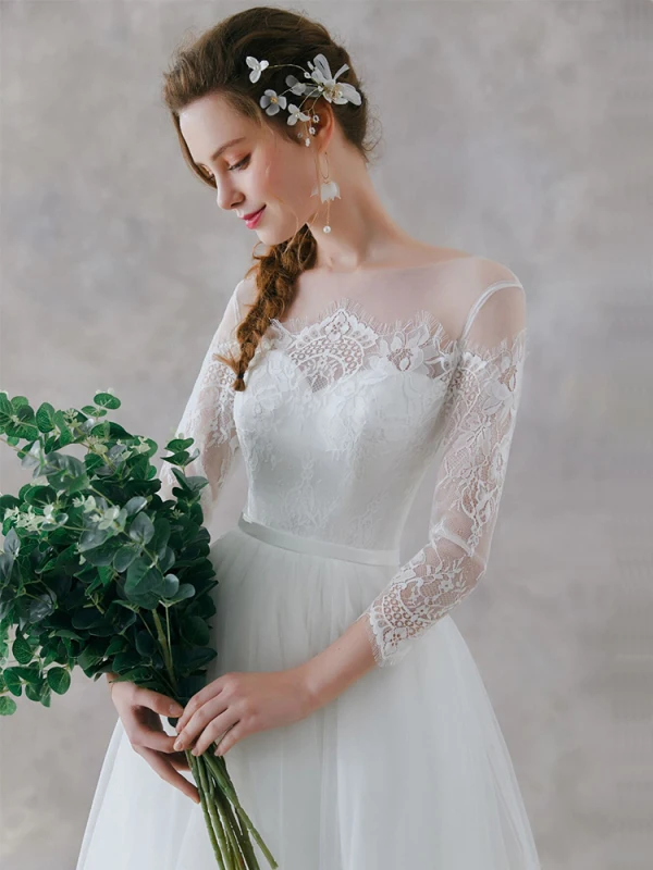 Élégant Ivoire Dentelle Plage Transparentes Robe De Mariée 2019 Princesse Encolure Carrée 3/4 Manches Ceinture Longue Volants