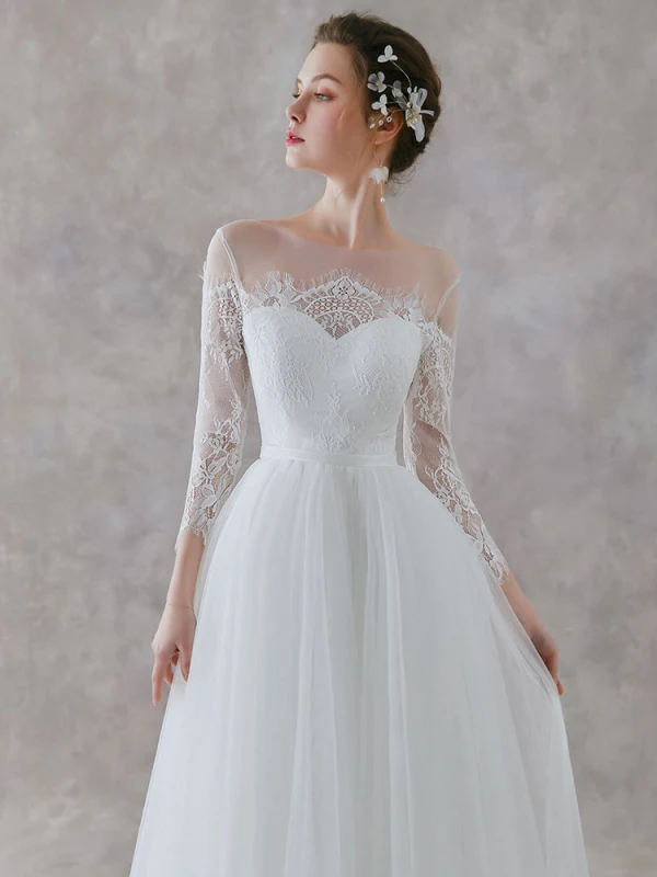 Élégant Ivoire Dentelle Plage Transparentes Robe De Mariée 2019 Princesse Encolure Carrée 3/4 Manches Ceinture Longue Volants