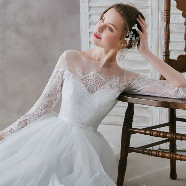 Élégant Ivoire Dentelle Plage Transparentes Robe De Mariée 2019 Princesse Encolure Carrée 3/4 Manches Ceinture Longue Volants
