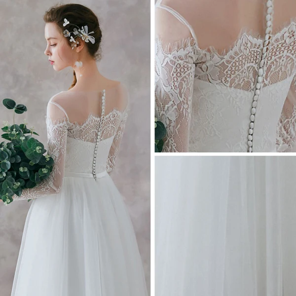 Élégant Ivoire Dentelle Plage Transparentes Robe De Mariée 2019 Princesse Encolure Carrée 3/4 Manches Ceinture Longue Volants