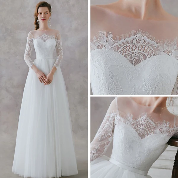 Élégant Ivoire Dentelle Plage Transparentes Robe De Mariée 2019 Princesse Encolure Carrée 3/4 Manches Ceinture Longue Volants