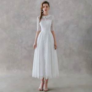 Vintage Retro Ivory Lace Outdoor Garden Wedding Dresses 2019 A Line Princess High Neck 1 2 Sleeves Ankle Length Ruffle