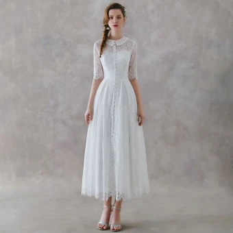 Vintage Retro Ivory Lace Outdoor Garden Wedding Dresses 2019 A Line Princess High Neck 1 2 Sleeves Ankle Length Ruffle