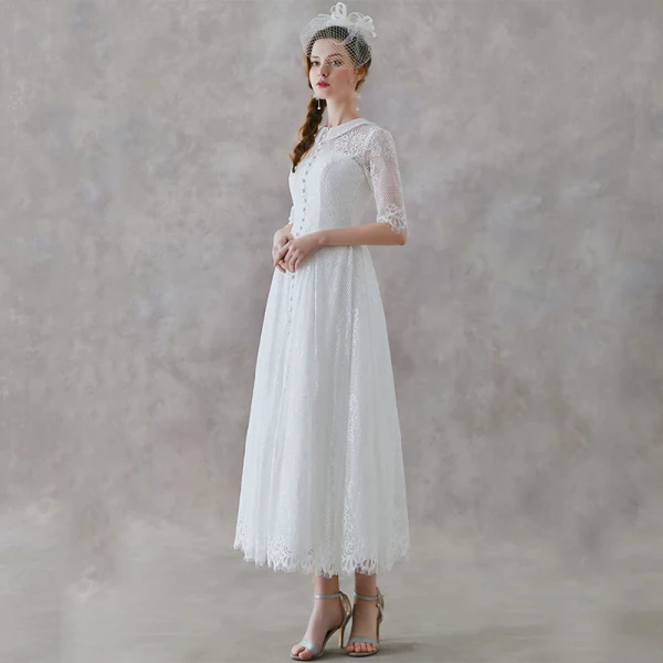 Vintage / Retro Ivory Lace Outdoor / Garden Wedding Dresses 2019 A-Line / Princess High Neck 1/2 Sleeves Ankle Length Ruffle