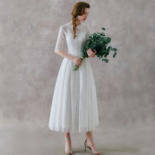 Vintage / Retro Ivory Lace Outdoor / Garden Wedding Dresses 2019 A-Line / Princess High Neck 1/2 Sleeves Ankle Length Ruffle