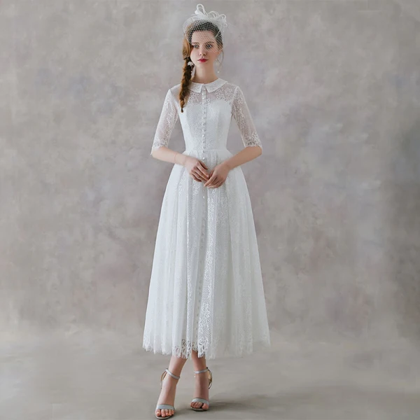Vintage / Retro Ivory Lace Outdoor / Garden Wedding Dresses 2019 A-Line / Princess High Neck 1/2 Sleeves Ankle Length Ruffle