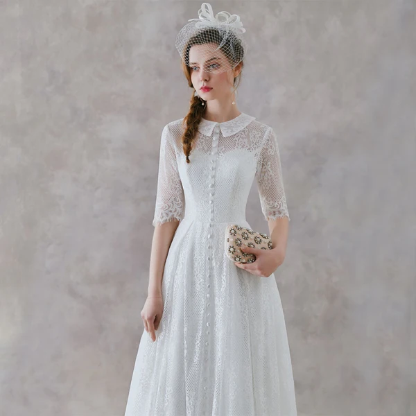 Vintage / Retro Ivory Lace Outdoor / Garden Wedding Dresses 2019 A-Line / Princess High Neck 1/2 Sleeves Ankle Length Ruffle