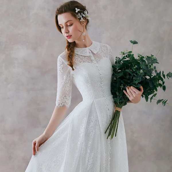 Vintage Retro Ivory Lace Outdoor Garden Wedding Dresses 2019 A-Line Princess High Neck Vintage Retro Ivory Lace Outdoor Garden Wedding Dresses 2019 A-Line Princess High Neck