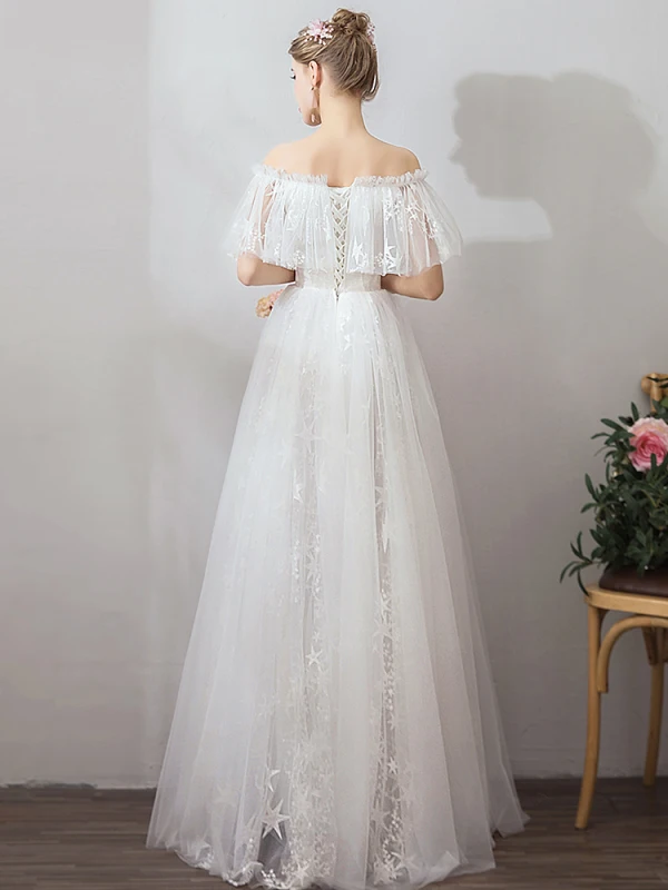 Abordable Ivoire Jardin / Extérieur Robe De Mariée 2019 Princesse De l'épaule Manches Courtes Dos Nu Étoile Appliques En Dentelle Longue Volants