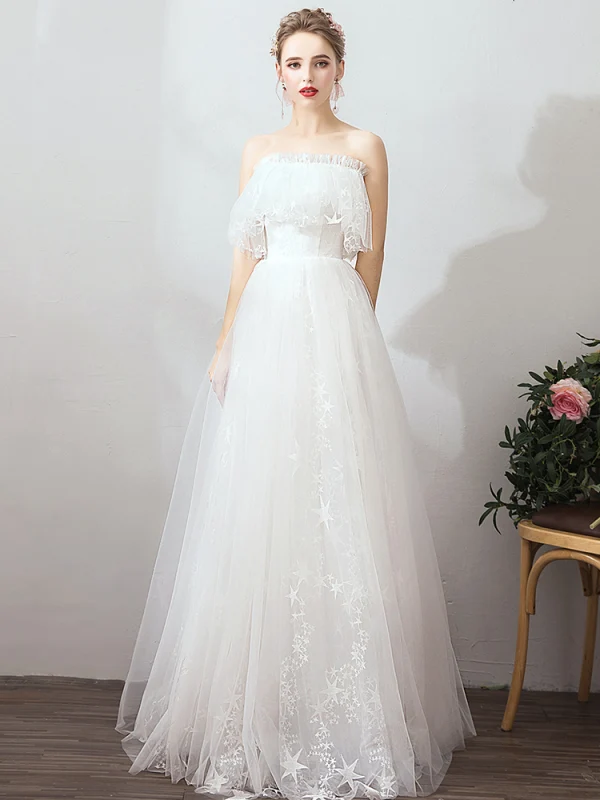 Abordable Ivoire Jardin / Extérieur Robe De Mariée 2019 Princesse De l'épaule Manches Courtes Dos Nu Étoile Appliques En Dentelle Longue Volants