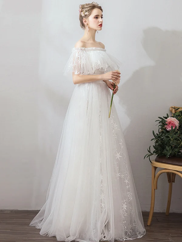 Abordable Ivoire Jardin / Extérieur Robe De Mariée 2019 Princesse De l'épaule Manches Courtes Dos Nu Étoile Appliques En Dentelle Longue Volants