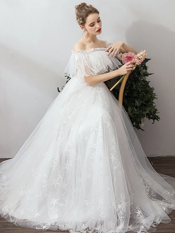 Abordable Ivoire Jardin / Extérieur Robe De Mariée 2019 Princesse De l'épaule Manches Courtes Dos Nu Étoile Appliques En Dentelle Longue Volants