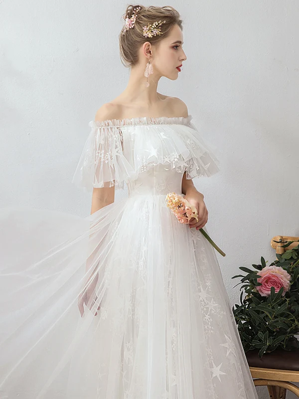 Abordable Ivoire Jardin / Extérieur Robe De Mariée 2019 Princesse De l'épaule Manches Courtes Dos Nu Étoile Appliques En Dentelle Longue Volants