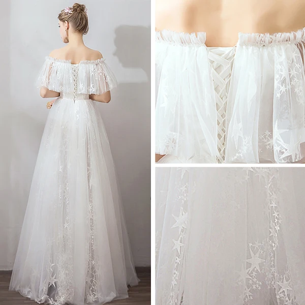 Abordable Ivoire Jardin / Extérieur Robe De Mariée 2019 Princesse De l'épaule Manches Courtes Dos Nu Étoile Appliques En Dentelle Longue Volants